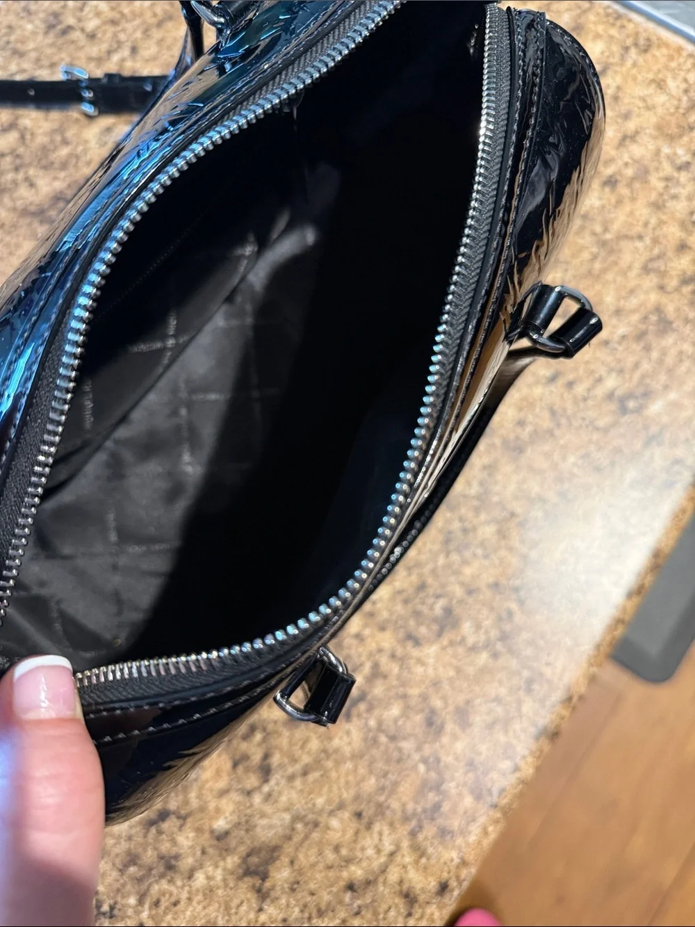 Michael Kors Black Patent Dome Satchel with MK Embossing